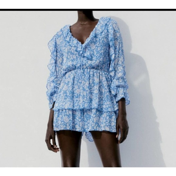 ZARA Romper Blue & White Floral Ruffles Size L - Picture 2 of 4